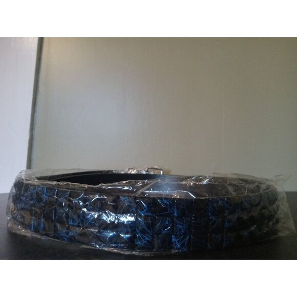 Black Faux Leather Belt Blue Marble Pattern Black Studs Y2K Punk Goth Style - Picture 1 of 2